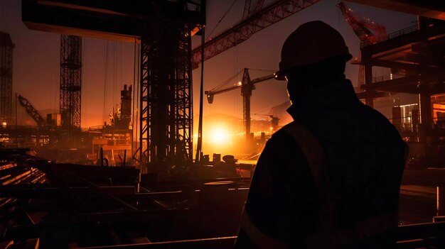 A construction engineer in silhouette vigilantly overseeing a worker team at a nighttime construction site