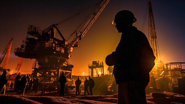 A construction engineer in silhouette vigilantly overseeing a worker team at a nighttime construction site