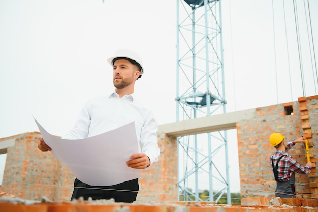 Construction engineer supervising progress of construction project stand on new concrete floor top roof and crane background