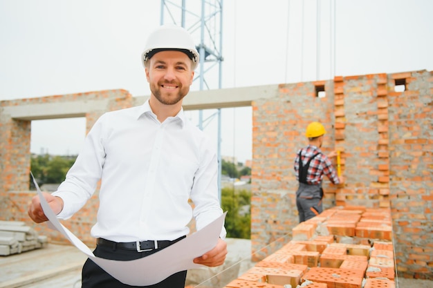 Construction engineer supervising progress of construction project stand on new concrete floor top roof and crane background