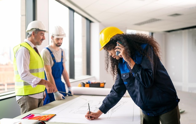 Construction engineer with foreman worker checking construction site