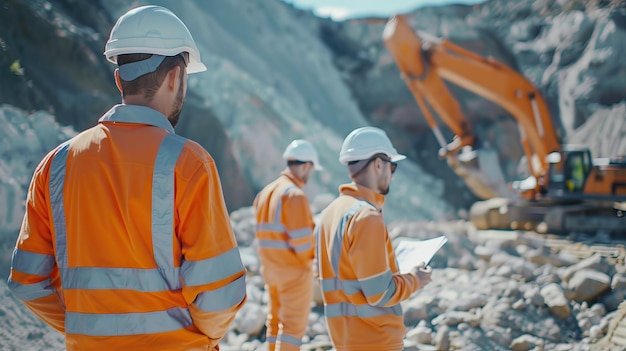 Construction engineers in safety gear planning at construction site