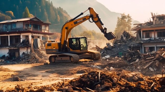 Foto attrezzature da costruzione che partecipano ai lavori di salvataggio effettuati nell'edificio distrutto