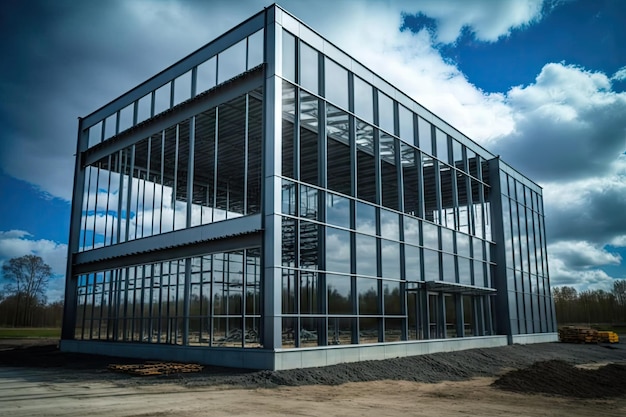 Construction of factory building with steel frame and covered with glass panels industrial modern