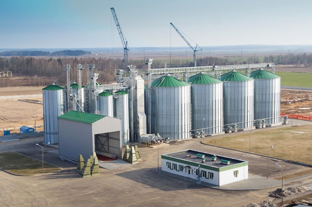 Construction of a feed mill agroprocessing plant for processing\
and silos for drying cleaning and storage of agricultural products\
flour cereals and grain top view