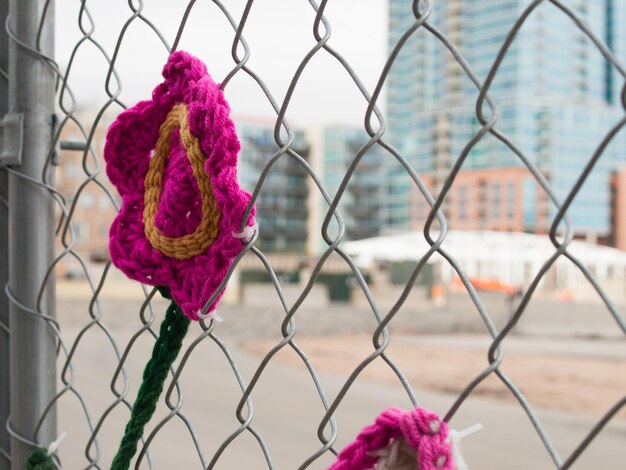 Construction fence covered with crocheted garden creatures like bugs and flowers by the Ladies Fancywork Society. Construction site of the Union Station in Denver, Colorado.
