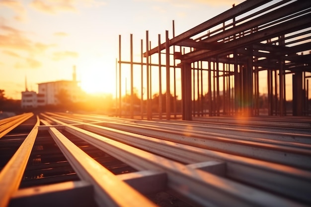 Construction field of under construction building architectural project at sunset