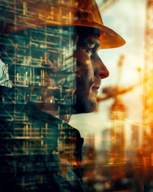 Photo construction foreman overseeing site at sunset