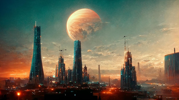 Costruzione della città futuristica su alien exoplanet scenery art illustration