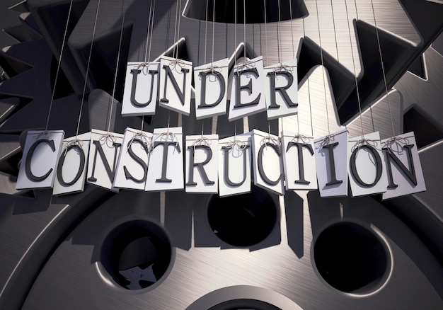 Under Construction hanging from strings against a clockwork background
