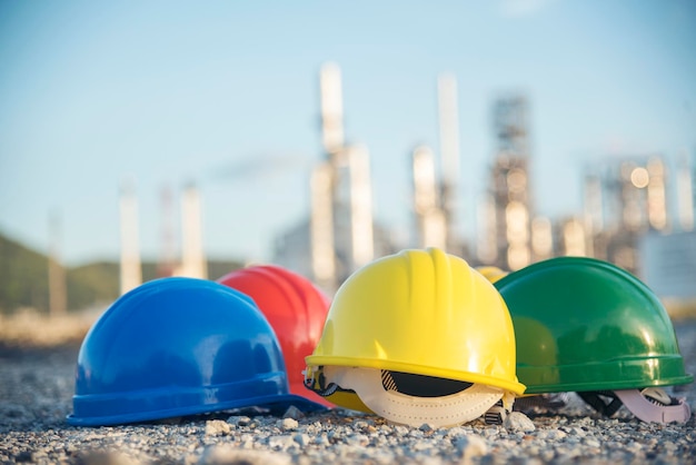 Construction hard hat safety tools equipment for workers in construction site for engineering protection head standard Many hard hat helmet on row with copy space Engineering Construction Concept