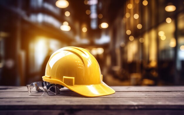 Construction hat Resting with Blurry Construction Backdrop