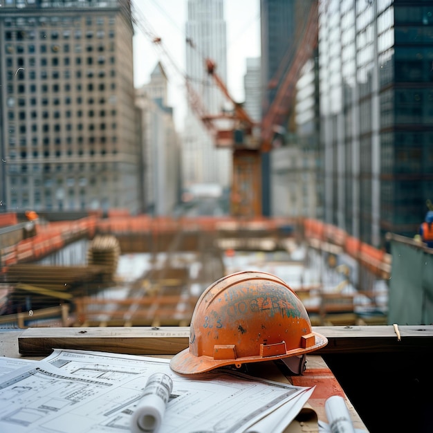 Photo a construction helmet rests atop a set of blueprints surrounded by various architectural tools