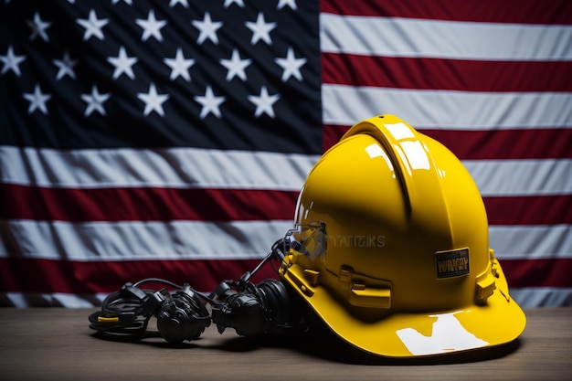 Photo construction helmet with american flag on background