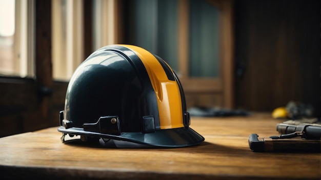 construction helmet on a wooden table