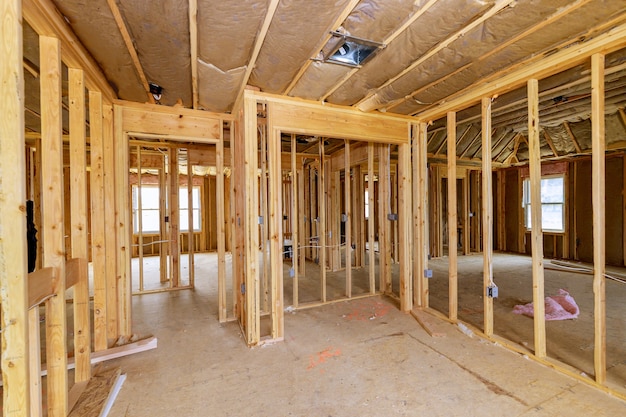 Construction home interior inside a framing on residential beam framework wooden new house