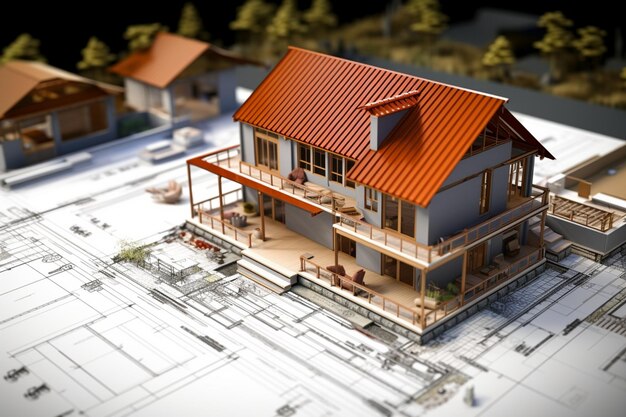 Photo construction industry concept building house and project plans