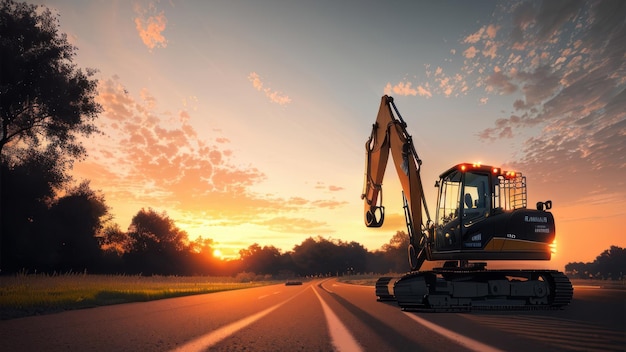 A construction machine is on a road with a sunset in the background.