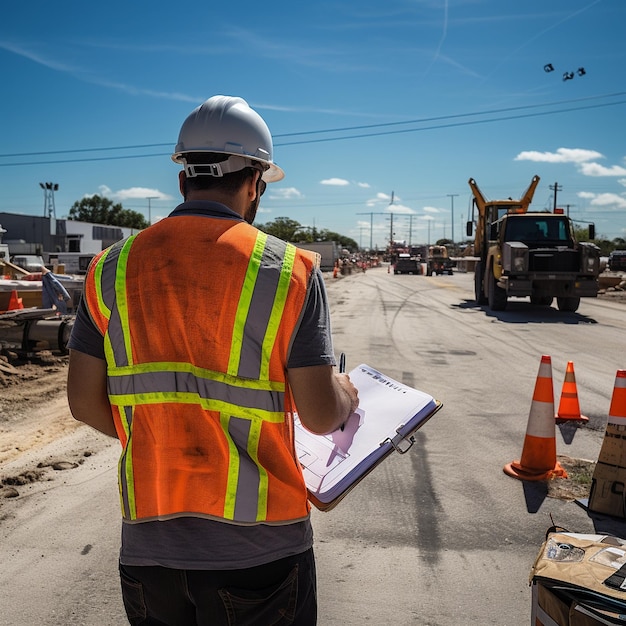 Photo construction man holding a notebook on an job in a roadway wearing a hard hat and safety vest