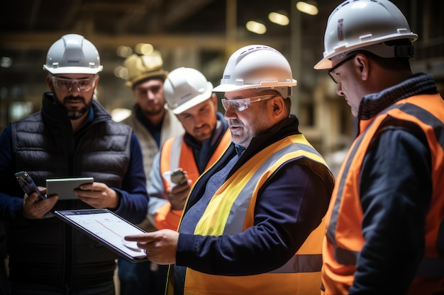 Photo construction manager holding a tablet giving instructions inside the construction site leadership and organization concept safety