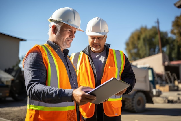 construction manager holding a tablet giving instructions to the workers