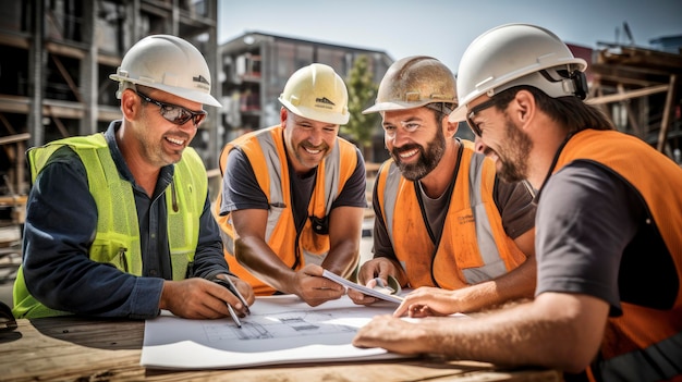 Construction manager talking about architectural plan at construction site