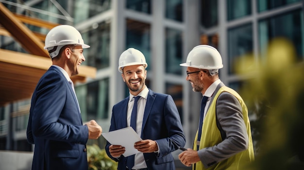 Construction manager talking about architectural plan at construction site