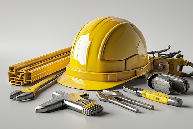 Construction manufacturing tools with yellow safety helmet and labor day worker illustration background