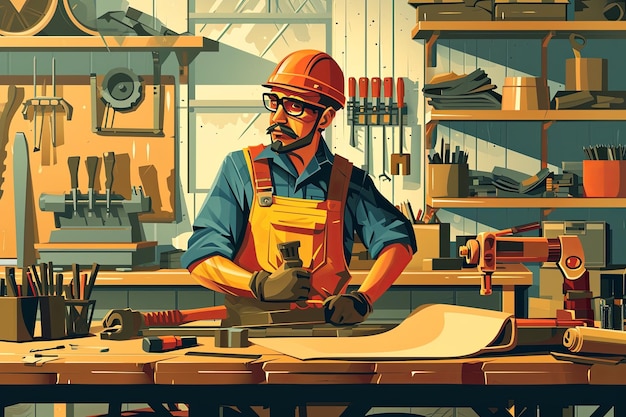 Construction manufacturing tools with yellow safety helmet and labor day worker illustration background