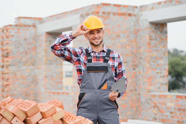 Photo construction mason worker bricklayer installing red brick with trowel putty knife outdoors