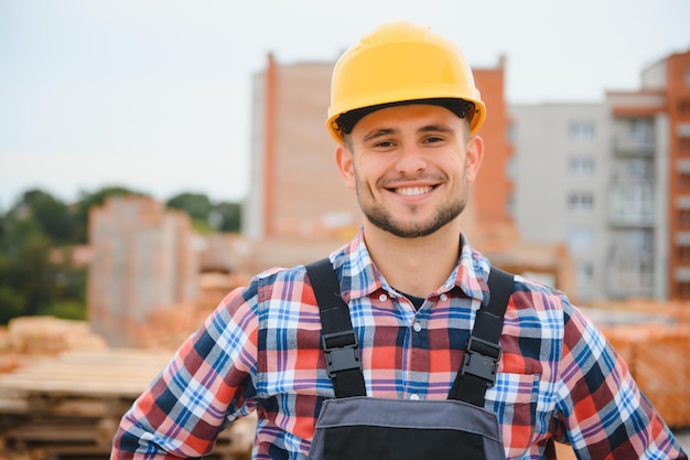 Construction mason worker bricklayer installing red brick with trowel putty knife outdoors