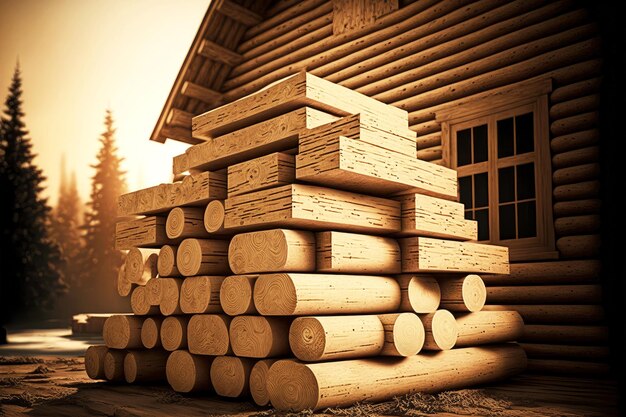 Construction material lumber in form of logs and boards for project timber house