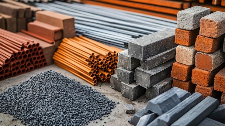 Photo construction materials like steel beams and bricks arranged with room for copy