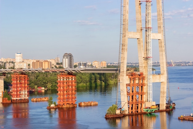 Construction of new bridges across the Dnieper River in Zaporozhye. Ukraine. City landscape