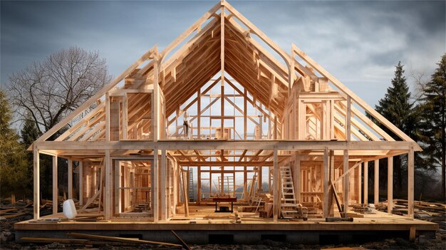 木製のビームと屋根付きの新しい家の建設 木製の家の建設