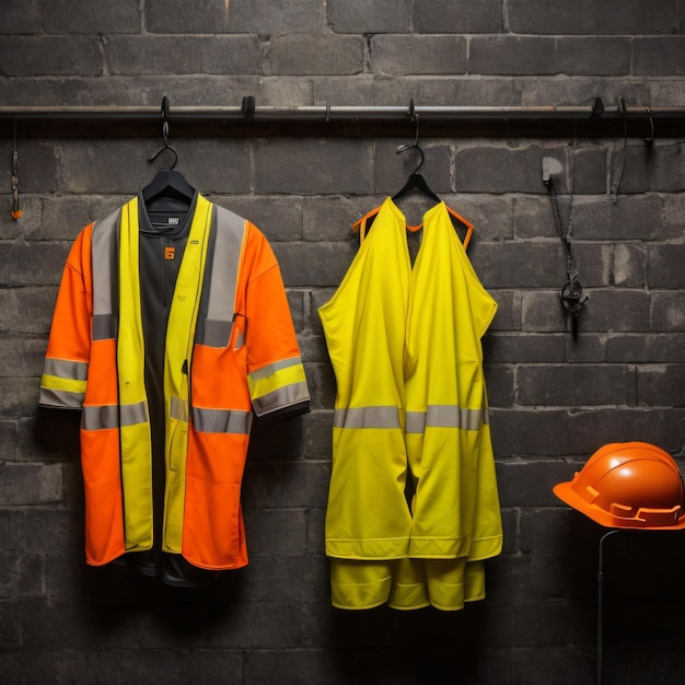 Foto gilet di sicurezza da lavoro arancione da costruzione appeso alla parete nera piatta