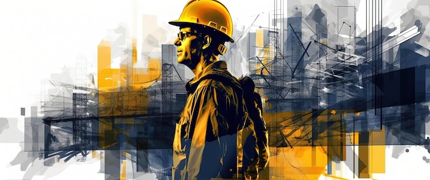 construction person with modern buildings behind him in the style of futuristic digital