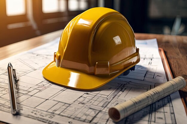 Construction planning Helmet with project blueprint on table Perfect for construction