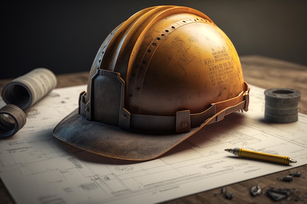 Construction plans and hard hat