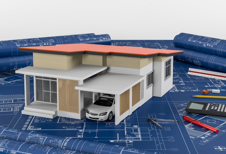 Photo construction plans with drawing tools and house. 3drender