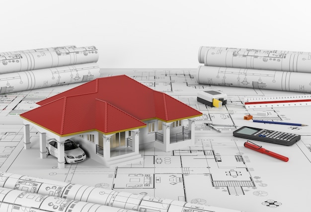 Construction plans with drawing tools and House. 3drender