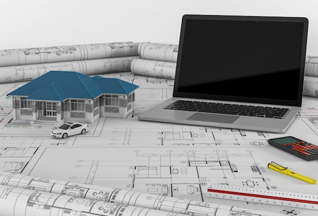 Construction plans with laptop and House. 3d render