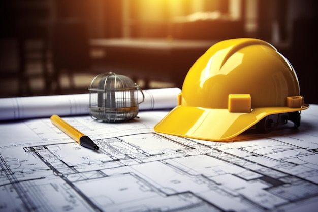 Construction plans with yellow helmet and drawing tools on bluep