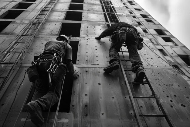 Foto progresso della costruzione lavoratori che installano finestre su edifici alti