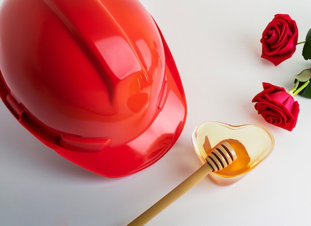 Construction red helmet with honey bowl