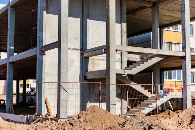 Construction of a reinforced concrete building Elements of a concrete house Structural elements Construction site Foundations and grillages