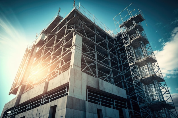 Construction of reinforced concrete tower with metal design scaffolding near building created with g