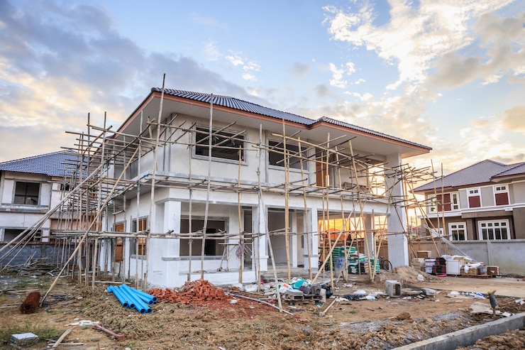 Photo construction residential new house in progress at building site