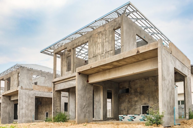 Construction residential new house with prefabrication system in progress at building site