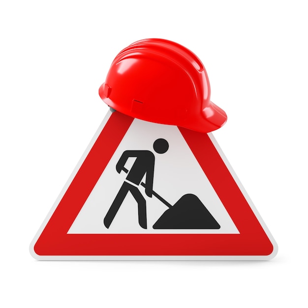 Under construction, road sign and red safety helmet, isolated on white background. 3D rendering